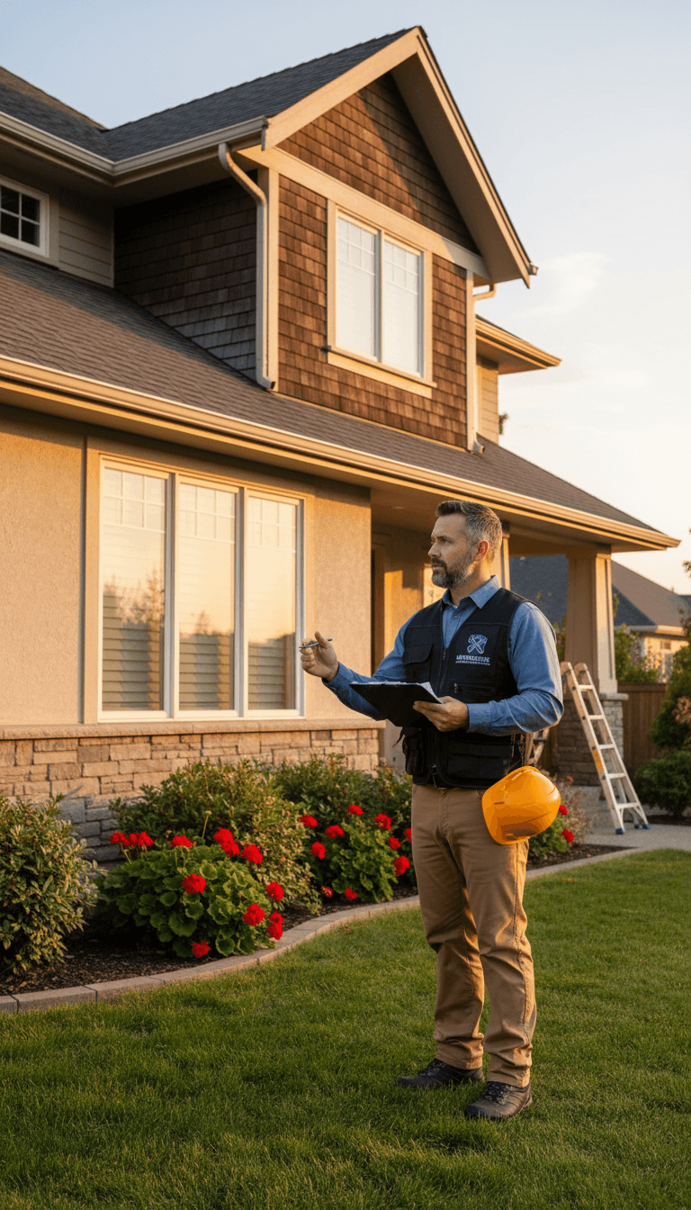 Contractor inspecting a residential property exterior