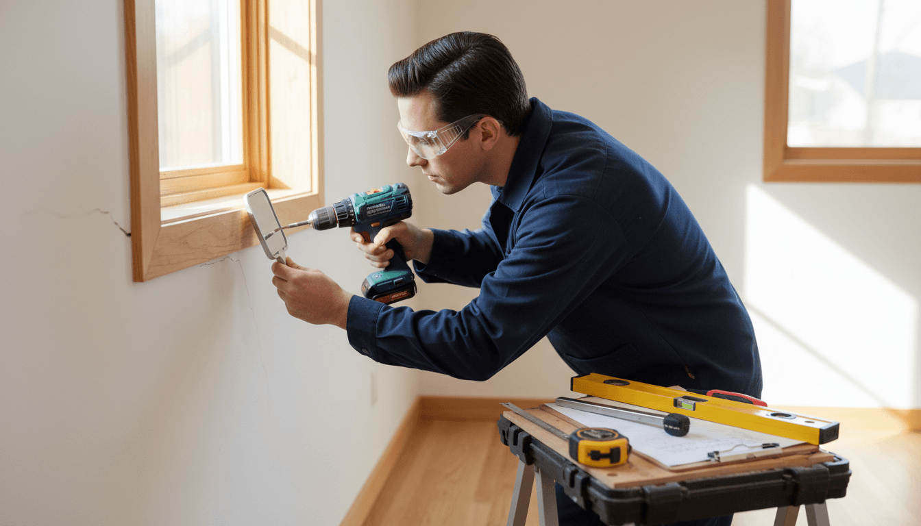 Property maintenance worker inspecting a home exterior