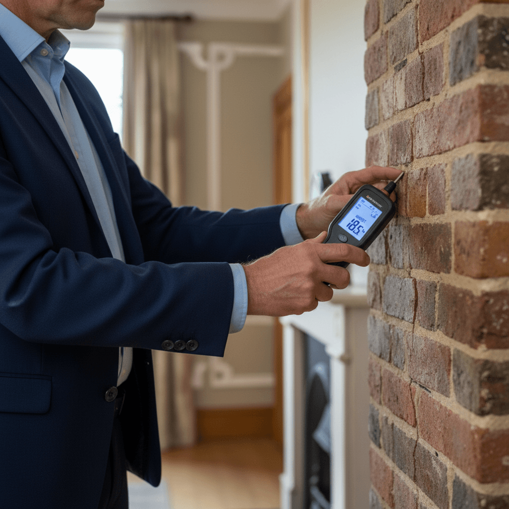 property maintenance worker inspecting exterior wall of toronto townhouse