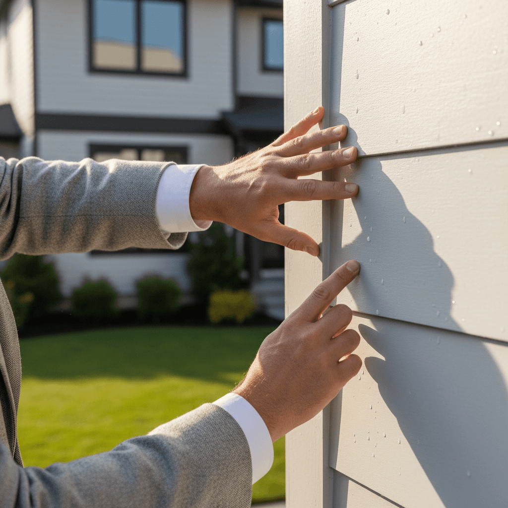 Property maintenance worker reviewing work details with a homeowner outside a Toronto home